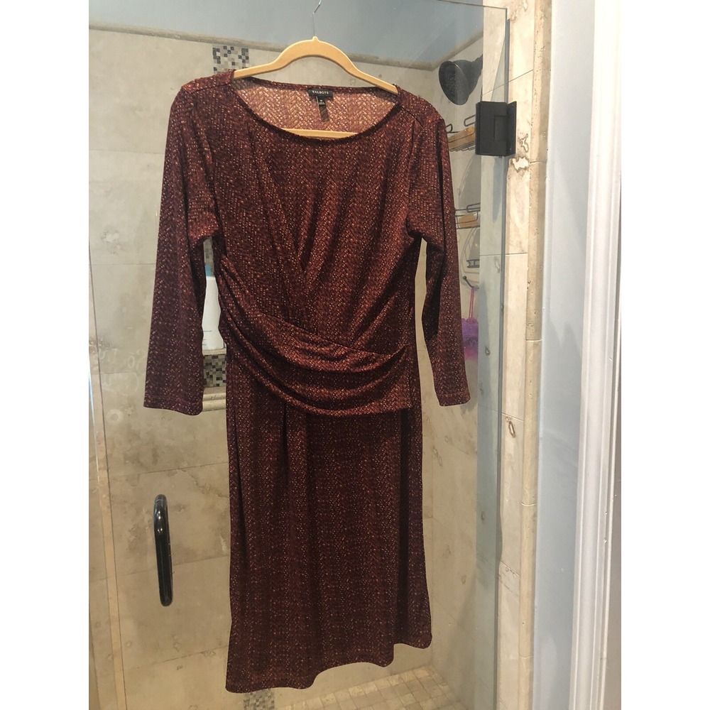 Talbots Red Speckled Stretch Jersey Faux Wrap Sheath Dress Medium Long Sleeve